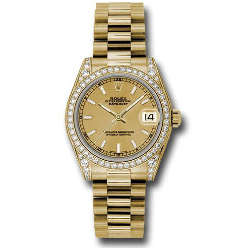 Rolex Yellow Gold Datejust 31 Watch - 48 Diamond Bezel - Champagne Index Dial - President Bracelet - 178158 chip