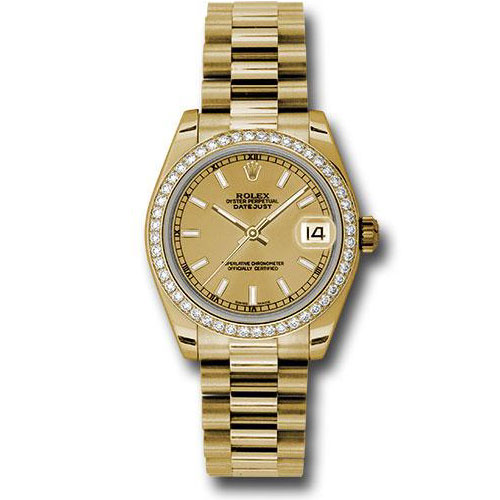 Rolex Yellow Gold Datejust 31 Watch - 48 Diamond Bezel - Champagne Index Dial - President Bracelet - 178288 chip