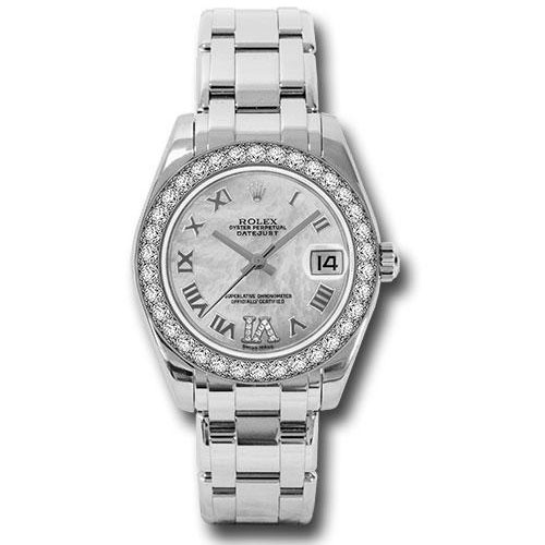 Rolex White Gold Datejust Pearlmaster 34 Watch - 34 Diamond Bezel - White Mother-Of-Pearl Roman Dial - 81299 mdr