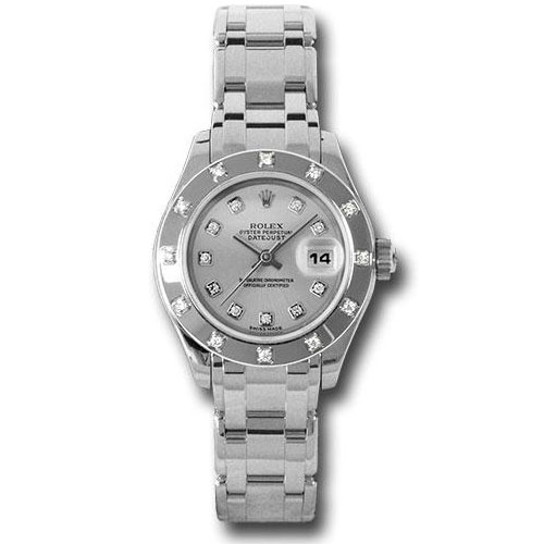 Rolex White Gold Lady-Datejust Pearlmaster 29 Watch - 12 Diamond Bezel - Silver Diamond Dial - 80319 sd