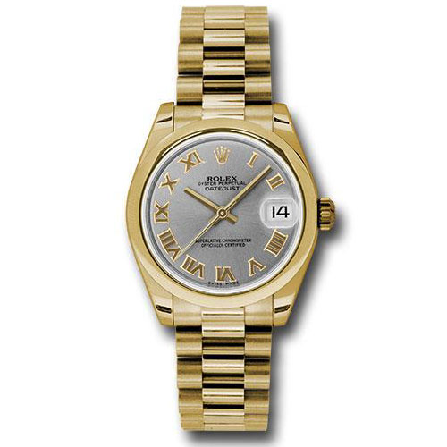 Rolex Yellow Gold Datejust 31 Watch - Domed Bezel - Gray Roman Dial - President Bracelet - 178248 grp