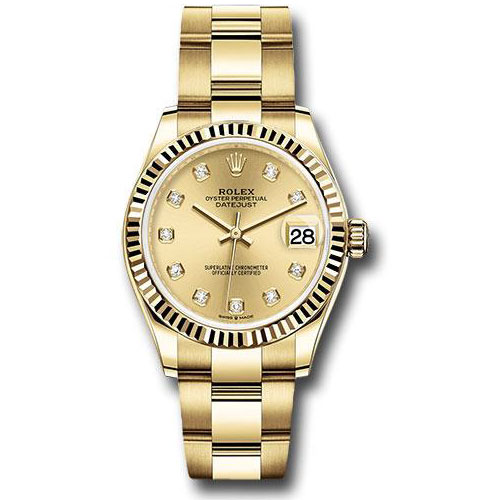 Rolex Yellow Gold Datejust 31 Watch - Fluted Bezel - Champagne Diamond Dial - Oyster Bracelet - 278278 chdo