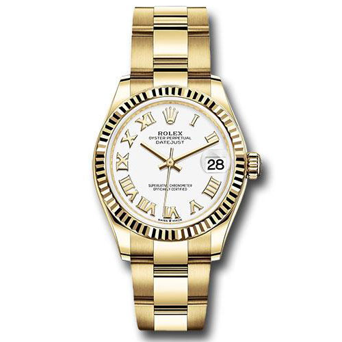 Rolex Yellow Gold Datejust 31 Watch - Fluted Bezel - White Roman Dial - Oyster Bracelet - 278278 wro