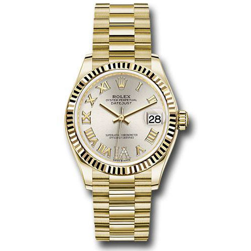 Rolex Yellow Gold Datejust 31 Watch - Fluted Bezel - Silver Diamond Six Dial - President Bracelet - 278278 sdr6p