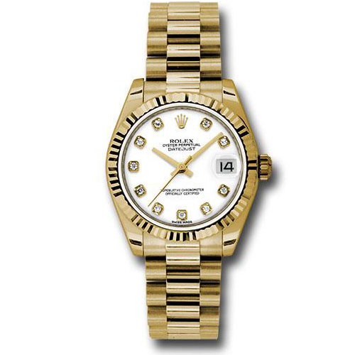 Rolex Yellow Gold Datejust 31 Watch - Fluted Bezel - White Diamond Dial - President Bracelet - 178278 wdp