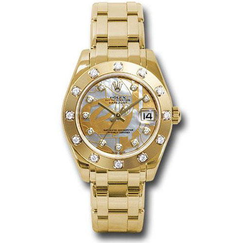 Rolex Yellow Gold Datejust Pearlmaster 34 Watch - 12 Diamond Bezel - Goldust Dream Mother-Of-Pearl Diamond Dial - 81318 gdd