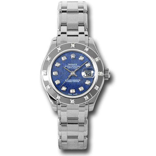 Rolex White Gold Lady-Datejust Pearlmaster 29 Watch - 12 Diamond Bezel - Sodalite Semi Precious Stone Diamond Dial - 80319 sod