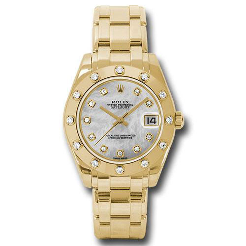 Rolex Yellow Gold Datejust Pearlmaster 34 Watch - 12 Diamond Bezel - White Mother-Of-Pearl Diamond Dial - 81318 md