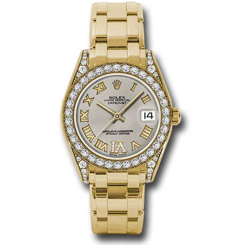 Rolex Yellow Gold Datejust Pearlmaster 34 Watch - 34 Diamond Bezel - Silver Roman Dial - 81158 sdr