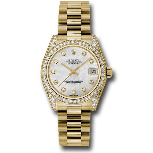 Rolex Yellow Gold Datejust 31 Watch - 48 Diamond Bezel - Mother-Of-Pearl Diamond Dial - President Bracelet - 178158 mdp