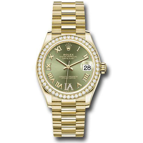 Rolex Yellow Gold Datejust 31 Watch - Diamond Bezel - Olive Green Diamond Six Dial - President Bracelet - 278288RBR ogdr6p