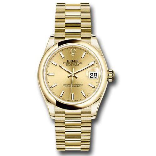 Rolex Yellow Gold Datejust 31 Watch - Domed Bezel - Champagne Index Dial - President Bracelet - 278248 chip