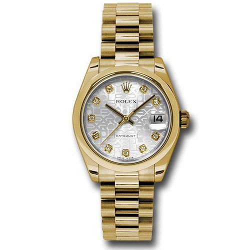 Rolex Yellow Gold Datejust 31 Watch - Domed Bezel - Silver Jubilee Diamond Dial - President Bracelet - 178248 sjdp