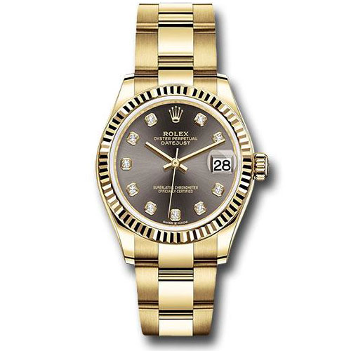 Rolex Yellow Gold Datejust 31 Watch - Fluted Bezel - Dark Grey Diamond Dial - Oyster Bracelet - 278278 dkgdo
