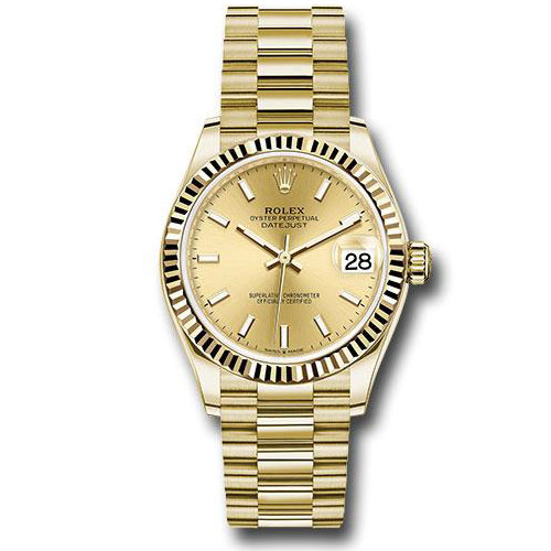 Rolex Yellow Gold Datejust 31 Watch - Fluted Bezel - Champagne Index Dial - President Bracelet - 278278 chip