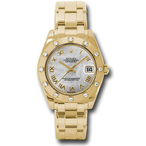 Rolex Yellow Gold Datejust Pearlmaster 34 Watch - 12 Diamond Bezel - White Mother-Of-Pearl Roman Dial - 81318 mr