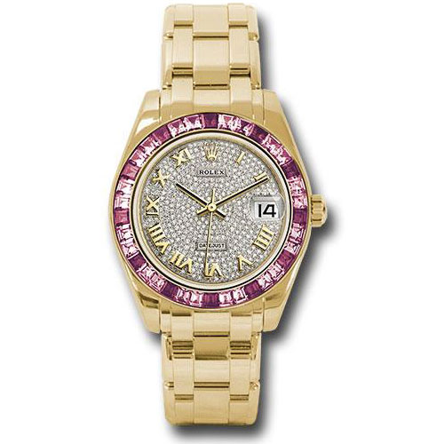 Rolex Yellow Gold Datejust Pearlmaster 34 Watch - 12 Pink And 24 Light-Pink Sapphire Baguettes Bezel - Diamond Paved Roman Dial - 81348SARO dpr