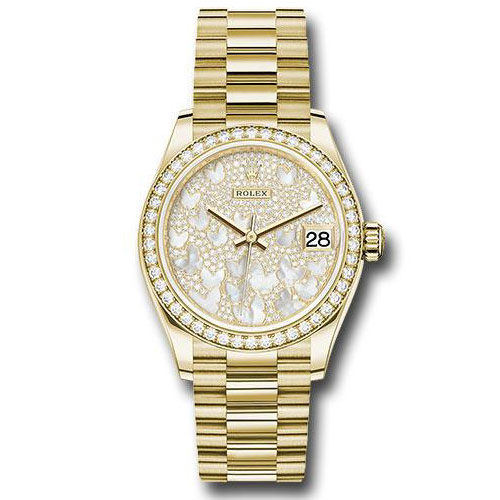 Rolex Yellow Gold Datejust 31 Watch - Diamond Bezel - Paved Mother-of-Pearl Butterfly Dial - President Bracelet - 278288RBR pmopbp