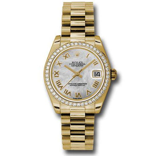 Rolex Yellow Gold Datejust 31 Watch - 48 Diamond Bezel - Mother-Of-Pearl Roman Dial - President Bracelet - 178288 mrp