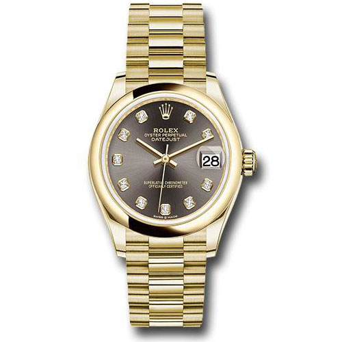 Rolex Yellow Gold Datejust 31 Watch - Domed Bezel - Dark Grey Diamond Dial - President Bracelet - 278248 dkgdp