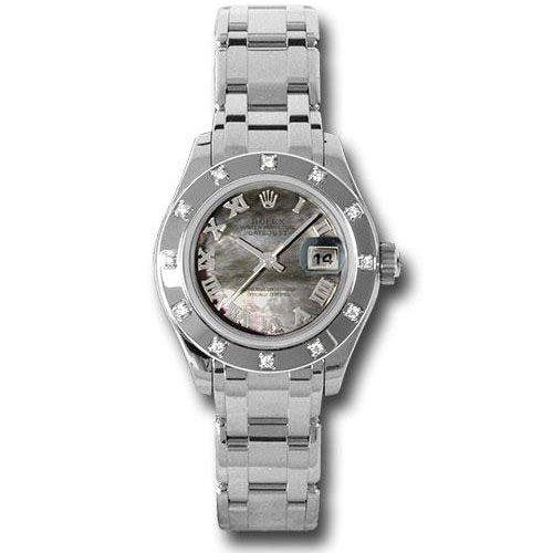 Rolex White Gold Lady-Datejust Pearlmaster 29 Watch - 12 Diamond Bezel - Dark Mother-Of-Pearl Roman Dial - 80319 dkmr