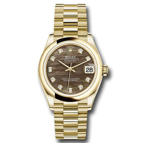 Rolex Yellow Gold Datejust 31 Watch - Domed Bezel - Dark Mother-of-Pearl Diamond Dial - President Bracelet - 278248 dkmdp