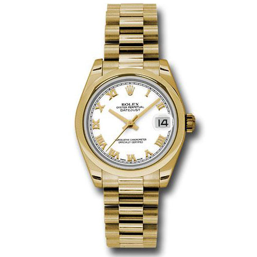Rolex Yellow Gold Datejust 31 Watch - Domed Bezel - White Roman Dial - President Bracelet - 178248 wrp