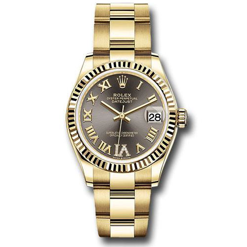 Rolex Yellow Gold Datejust 31 Watch - Fluted Bezel - Dark Grey Diamond Six Dial - Oyster Bracelet - 278278 dkgdr6o