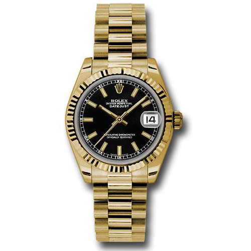 Rolex Yellow Gold Datejust 31 Watch - Fluted Bezel - Blue Index Dial - President Bracelet - 178278 blip
