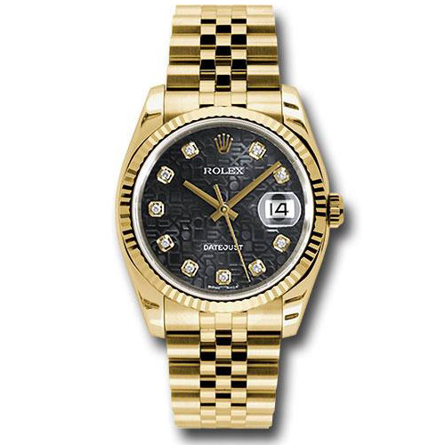Rolex Yellow Gold Datejust 36 Watch - Fluted Bezel - Black Jubilee Diamond Dial - Jubilee Bracelet - 116238 bkjdj