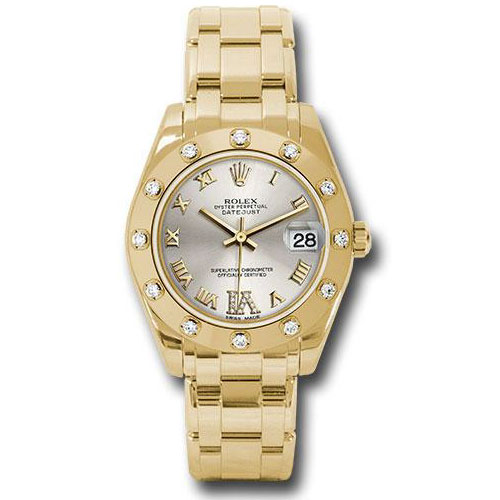 Rolex Yellow Gold Datejust Pearlmaster 34 Watch - 12 Diamond Bezel - Silver Diamond Roman VI Dial - 81318 sdr6