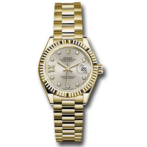 Rolex Yellow Gold Lady-Datejust 28 Watch - Fluted Bezel - Silver Diamond Star Dial - President Bracelet - 279178 s9dix8dp