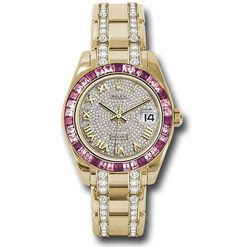 Rolex Yellow Gold Datejust Pearlmaster 34 Watch - 12 Pink And 24 Light-Pink Sapphire Baguettes Bezel - Diamond Paved Roman Dial - 81348SARO dprdp