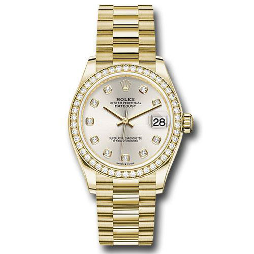 Rolex Yellow Gold Datejust 31 Watch - Diamond Bezel - Silver Diamond Dial - President Bracelet - 278288RBR sdp