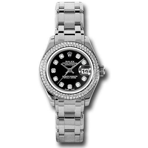 Rolex White Gold Lady-Datejust Pearlmaster 29 Watch - 116 Diamond Bezel - Black Diamond Dial - 80339 bkd