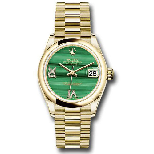 Rolex Yellow Gold Datejust 31 Watch - Domed Bezel - Malachite Diamond Six and Nine Dial - President Bracelet - 278248 madr69p