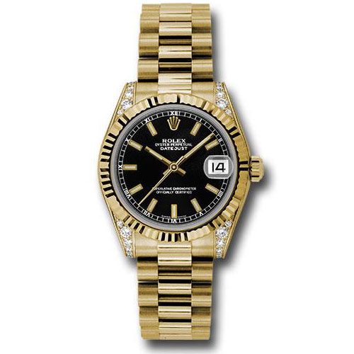 Rolex Yellow Gold Datejust 31 Watch - Fluted Bezel - Black Index Dial - President Bracelet - 178238 bkip