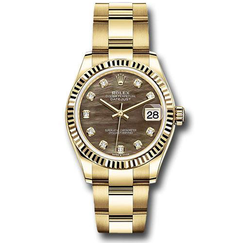 Rolex Yellow Gold Datejust 31 Watch - Fluted Bezel - Dark Mother-of-Pearl Diamond Dial - Oyster Bracelet - 278278 dkmdo