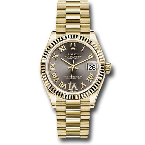 Rolex Yellow Gold Datejust 31 Watch - Fluted Bezel - Dark Grey Diamond Six Dial - President Bracelet - 278278 dkgdr6p