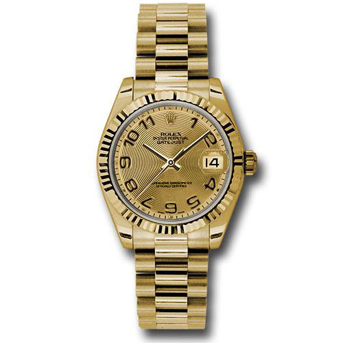 Rolex Yellow Gold Datejust 31 Watch - Fluted Bezel - Champagne Concentric Circle Arabic Dial - President Bracelet - 178278 chcap