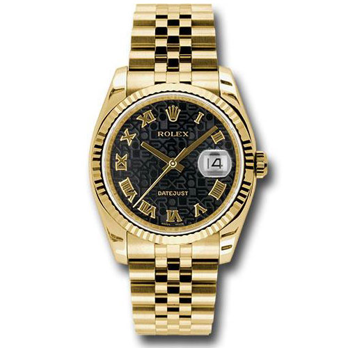 Rolex Yellow Gold Datejust 36 Watch - Fluted Bezel - Black Jubilee Roman Dial - Jubilee Bracelet - 116238 bkjrj