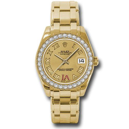 Rolex Yellow Gold Datejust Pearlmaster 34 Watch - 34 Diamond Bezel - Champagne Ruby Roman Vi Roman Dial - 81298 chrr