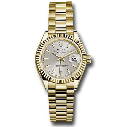Rolex Yellow Gold Lady-Datejust 28 Watch - Fluted Bezel - Silver Index Dial - President Bracelet - 279178 sip