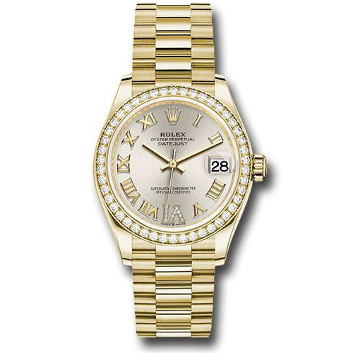 Rolex Yellow Gold Datejust 31 Watch - Diamond Bezel - Silver Diamond Six Dial - President Bracelet - 278288RBR sdr6p