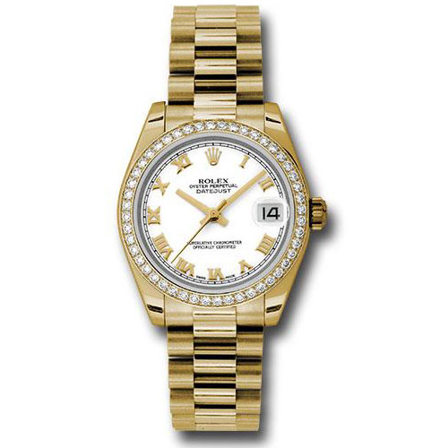 Rolex Yellow Gold Datejust 31 Watch - 48 Diamond Bezel - White Roman Dial - President Bracelet - 178288 wrp