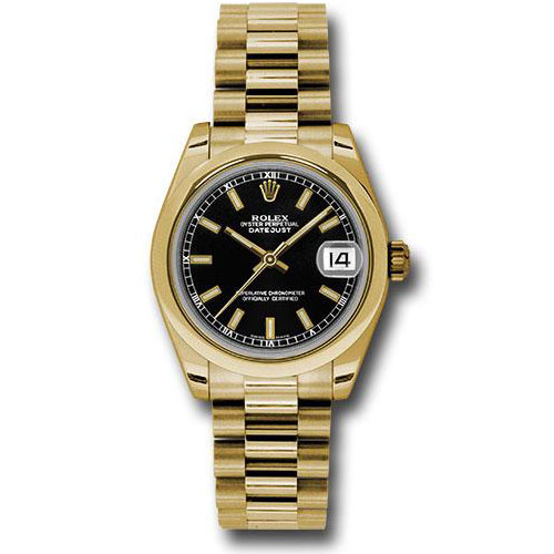Rolex Yellow Gold Datejust 31 Watch - Domed Bezel - Black Concentric Circle Index Dial - President Bracelet - 178248 bkip