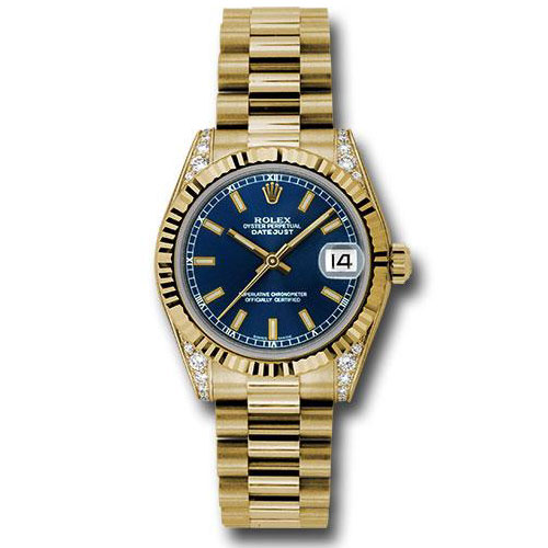 Rolex Yellow Gold Datejust 31 Watch - Fluted Bezel - Blue Index Dial - President Bracelet - 178238 blip