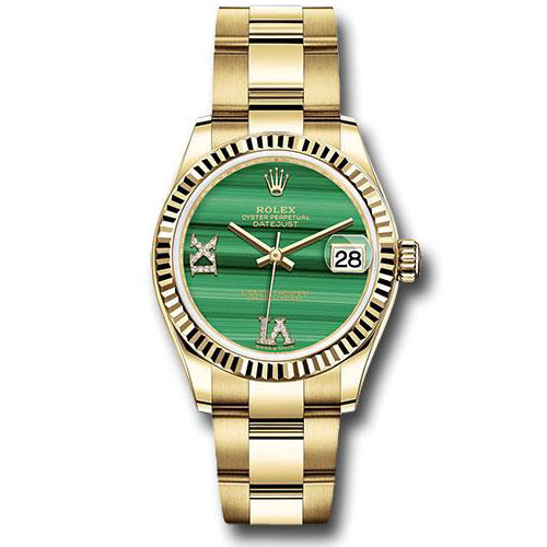 Rolex Yellow Gold Datejust 31 Watch - Fluted Bezel - Malachite Diamond Six and Nine Dial - Oyster Bracelet - 278278 madr69o