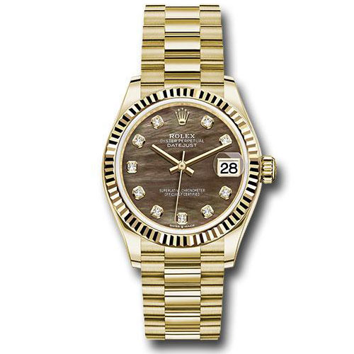 Rolex Yellow Gold Datejust 31 Watch - Fluted Bezel - Dark Mother-of-Pearl Diamond Dial - President Bracelet - 278278 dkmdp