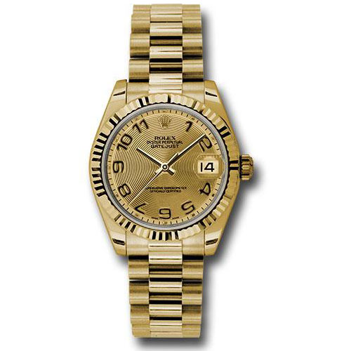 Rolex Yellow Gold Datejust 31 Watch - Fluted Bezel - Champagne Diamond Dial - President Bracelet - 178278 chdp